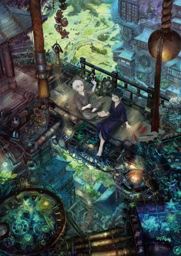 Children Conversation Blue Green Steampunk Cityscape