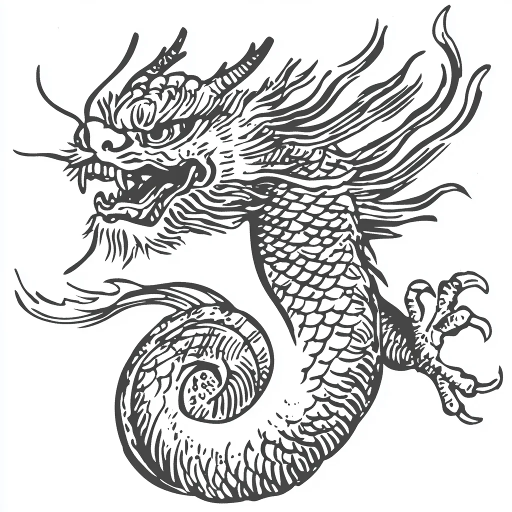 Chinese dragon black and white Japanese lines vector drawing illustration