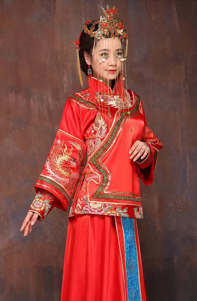 Chinese Wedding Dress Red Golden Headdress