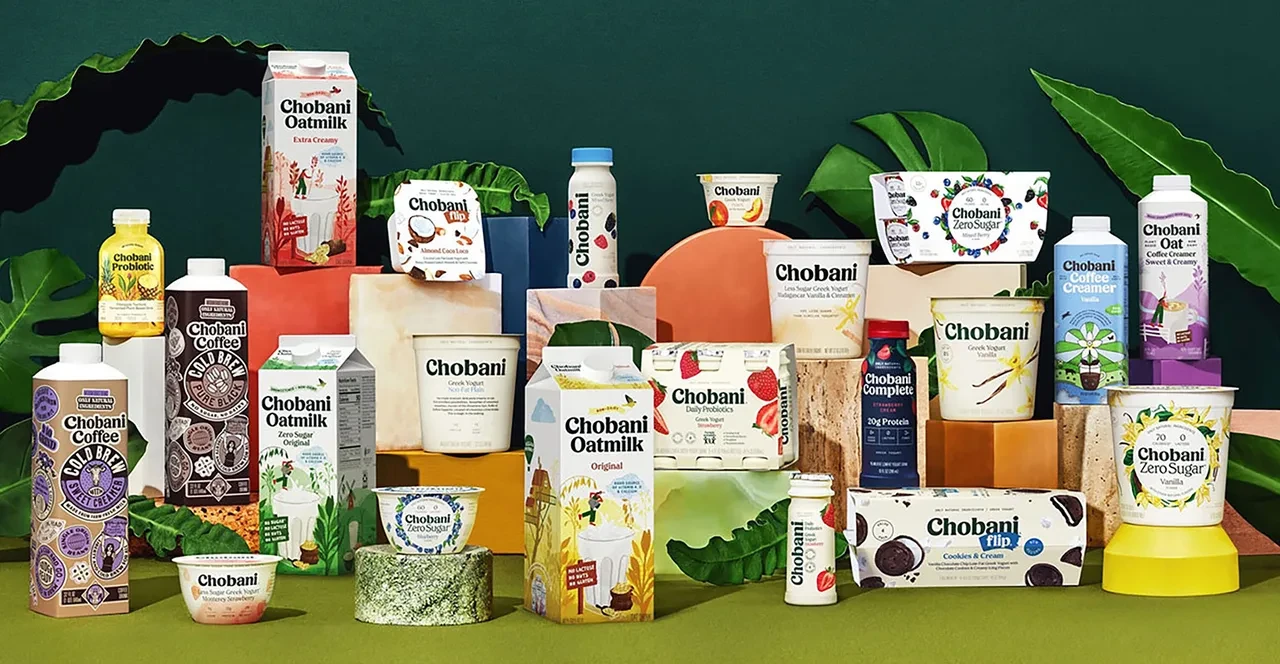 Chobani products green white yellow fresh packaging collection