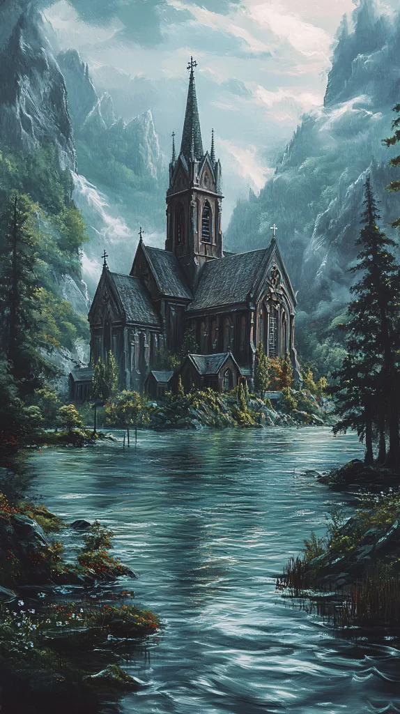 Church Water Mountains Trees