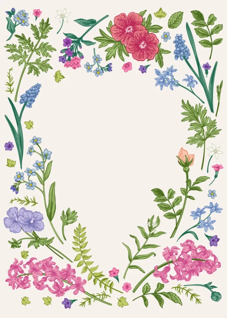 Circular Floral Border Pink Purple Blue Botanical