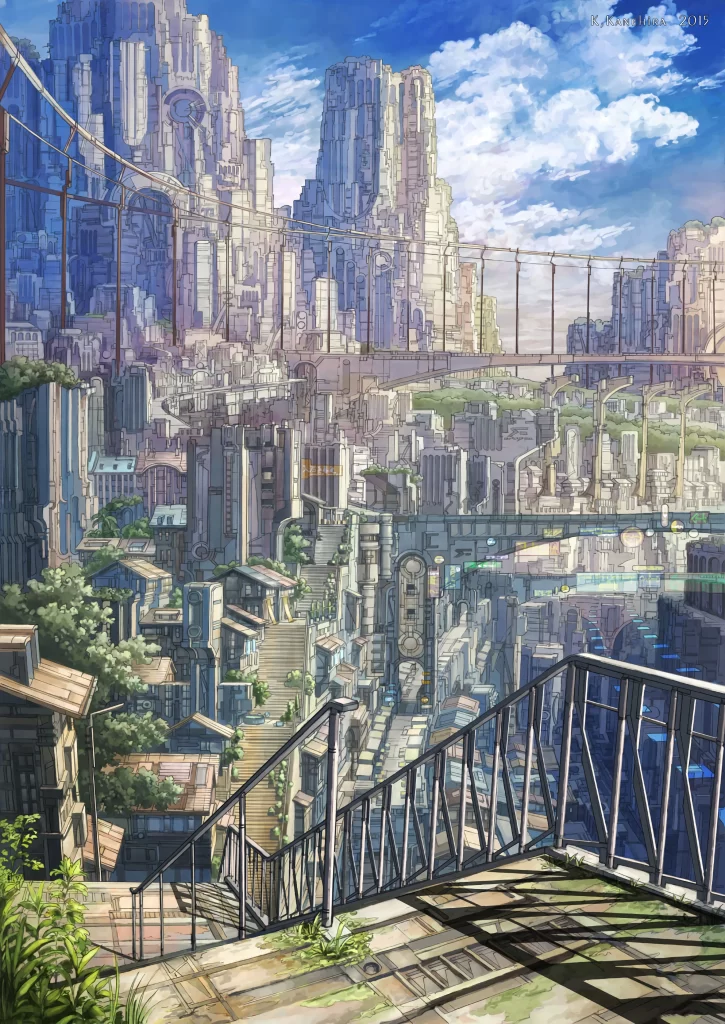 Cityscape Blue Green Yellow Fantasy