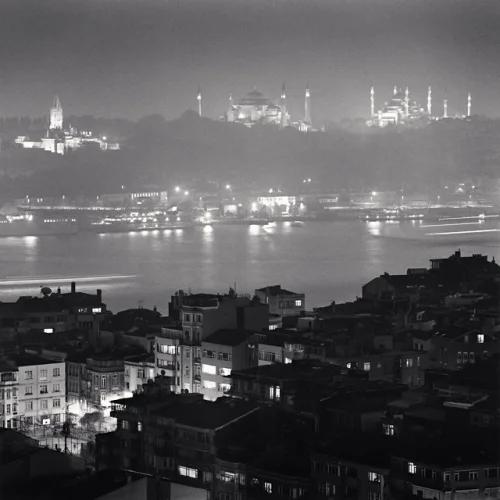 Cityscape Illuminated Buildings Nighttime Misty Dramatic