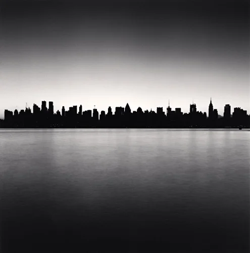 Cityscape Silhouetted Buildings Reflective Water Minimalist High Contrast Moody