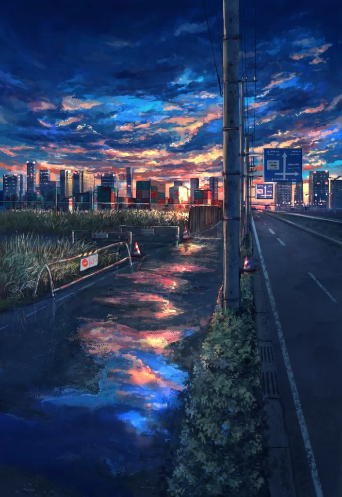 Cityscape Sunset Reflections Blue Orange Contemporary