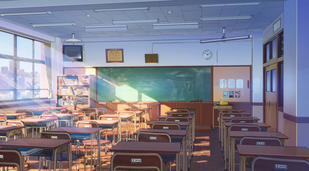 Classroom Empty Desks Chalkboard Windows Cityscape