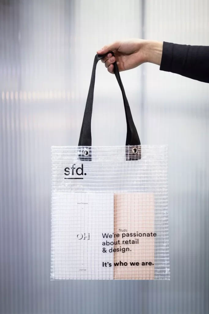 Clear Plastic Bag Black Handles Grid Pattern