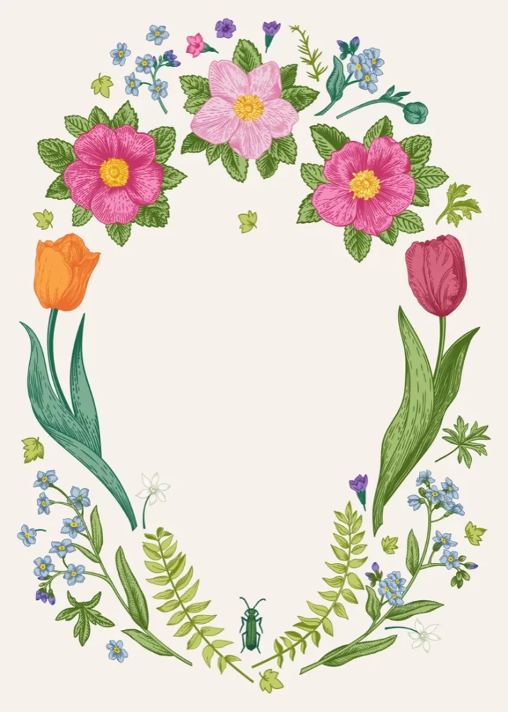 Colorful Floral Wreath Pink Orange Blooms with Beetle