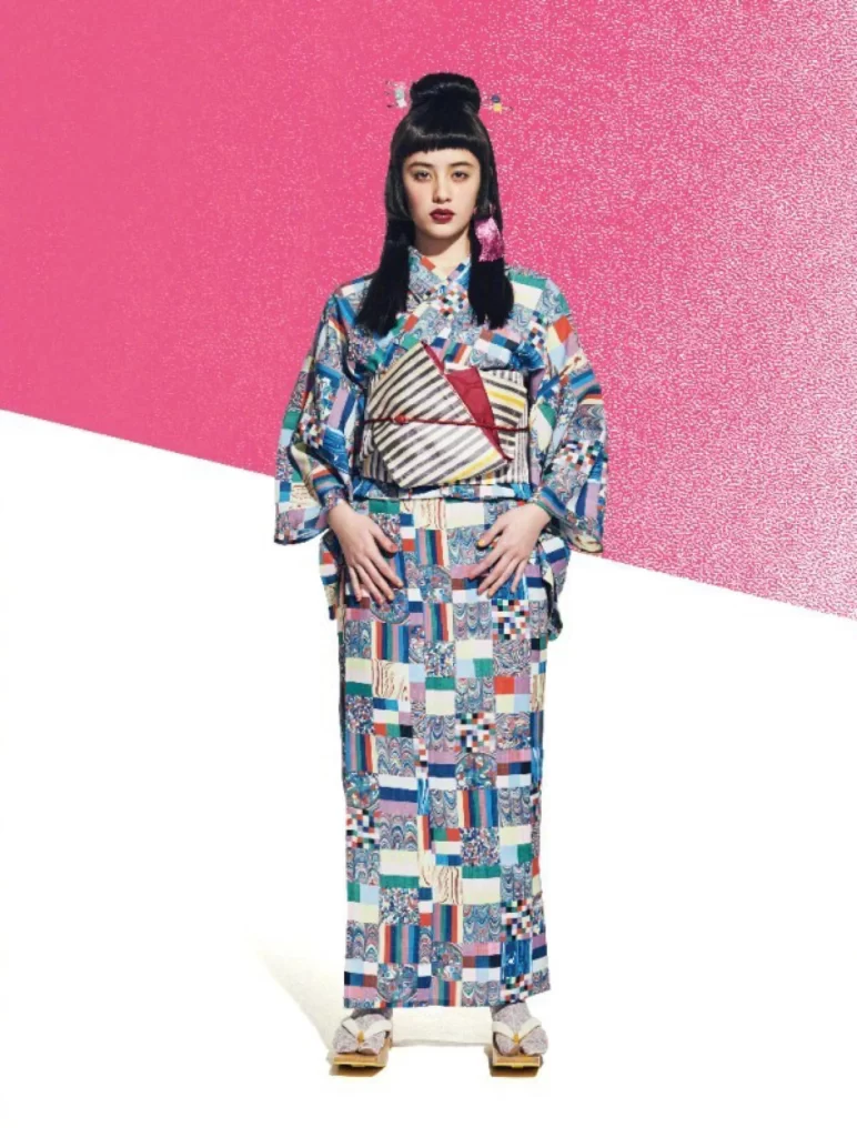 Colorful Patchwork Kimono Blue Belt