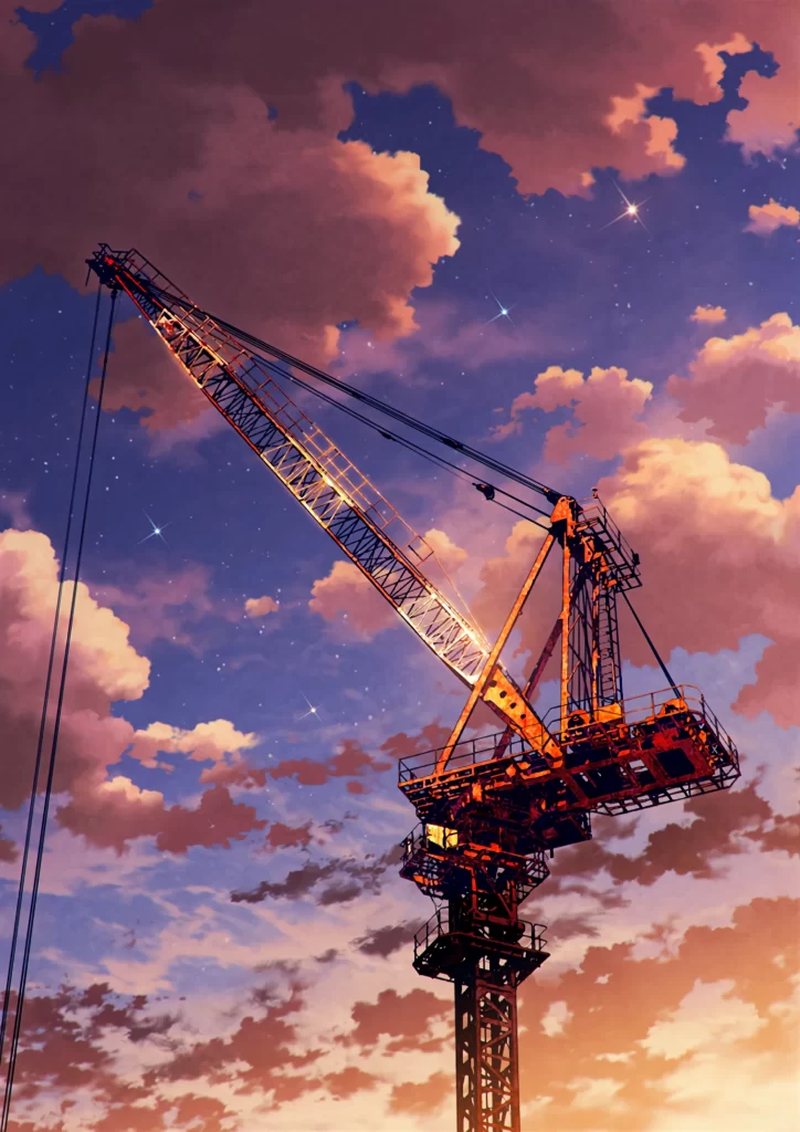 Construction Crane Sunset Clouds Industrial Dreamlike