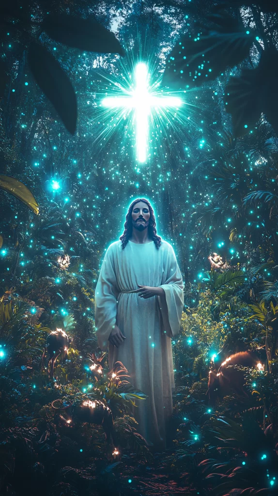Cross Glowing Light Forest Night