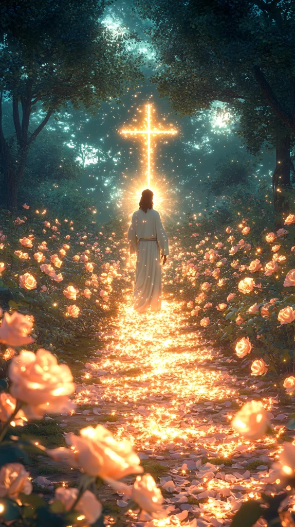 Cross Glowing Pathway Flowers Night