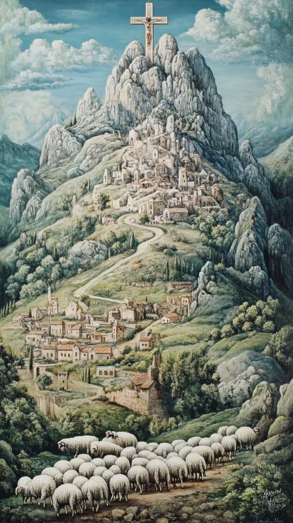 Cross Mountain Sheep Village Sky