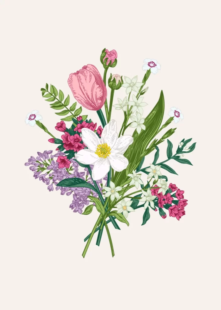 Delicate Botanical Bouquet Pink Tulip and White Blossoms