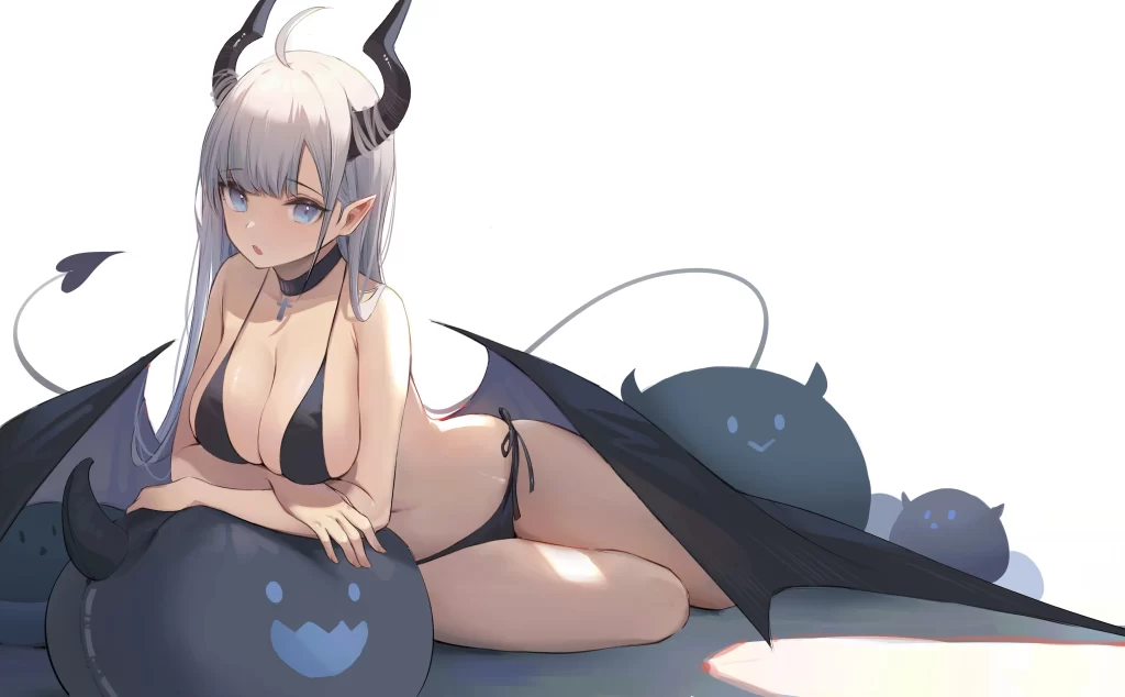 Demon Girl Silver Hair Black Bikini