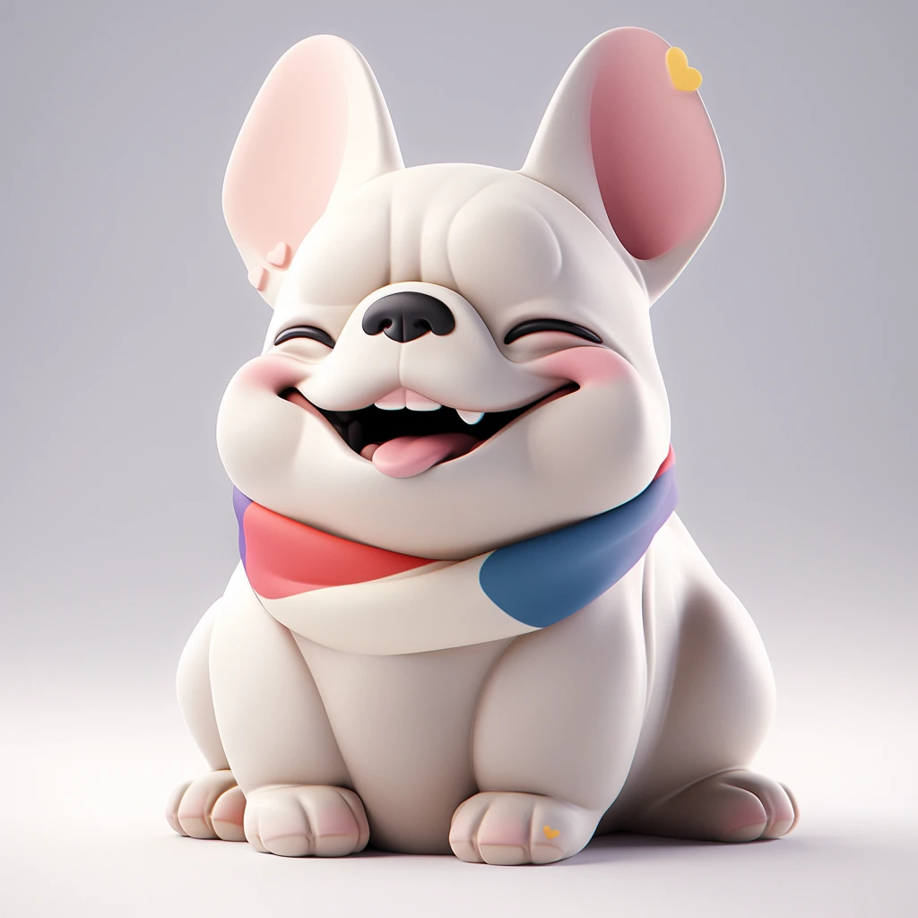 Dog French Bulldog 3d Cartoon White Pink Ears Red Blue Scarf Gray Background