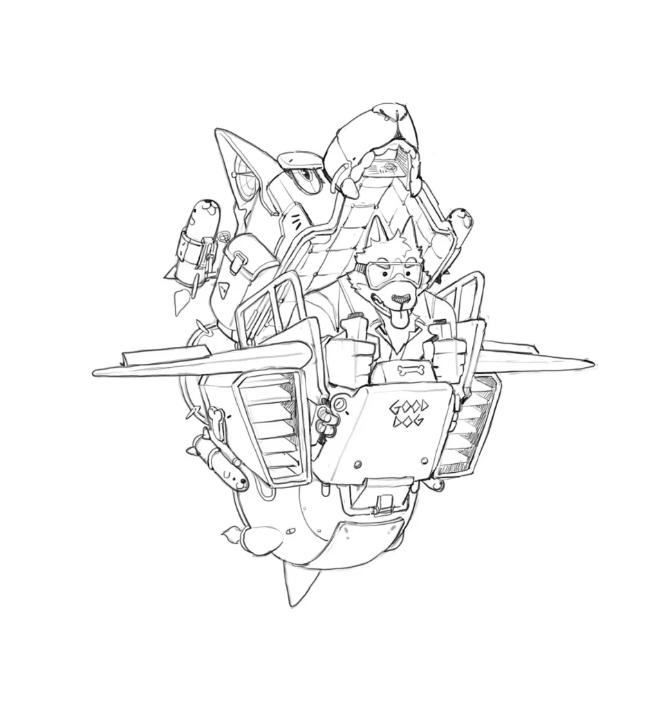 Dog Pilot Spaceship Adventure LineArt