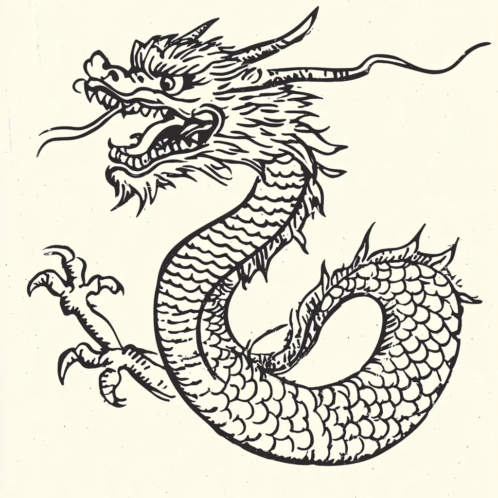 drawing lines vector illustration black Japanese dragon Chinese white and
