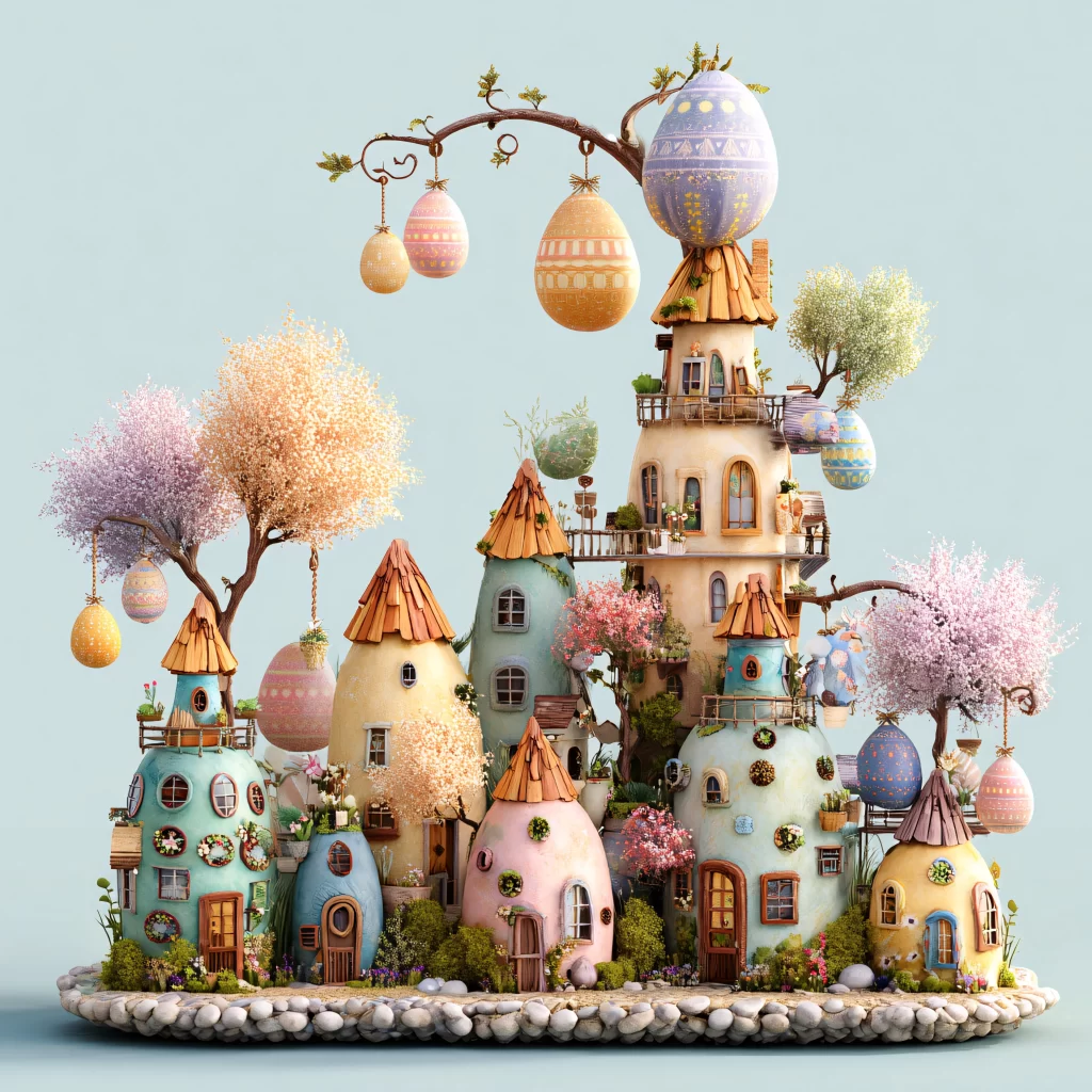 Easter Egg Houses Trees Garden