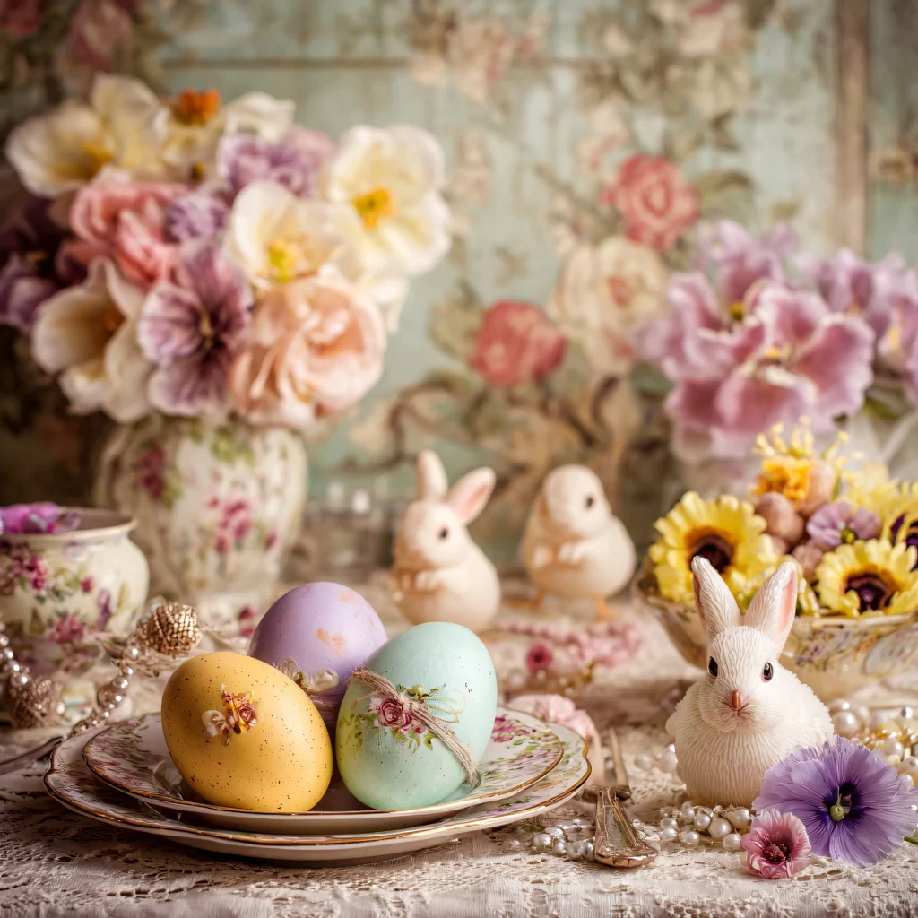 Easter Eggs Rabbits Flowers Pastel 593