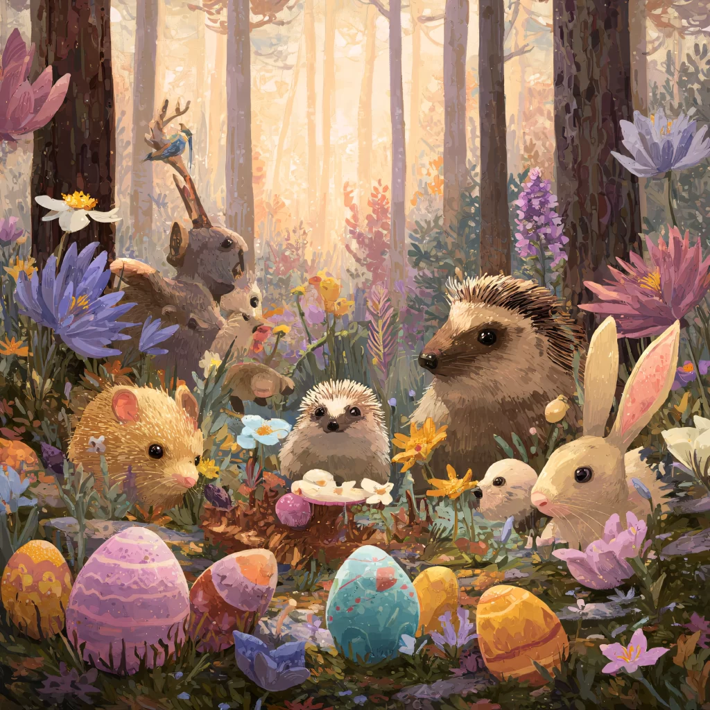 Easter Forest Rabbits Eggs Flowers 109