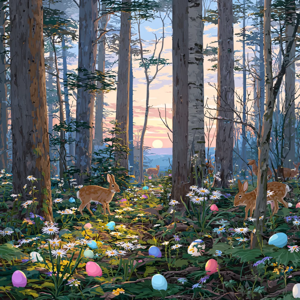 Easter Rabbit Eggs Daisies Sunset Forest