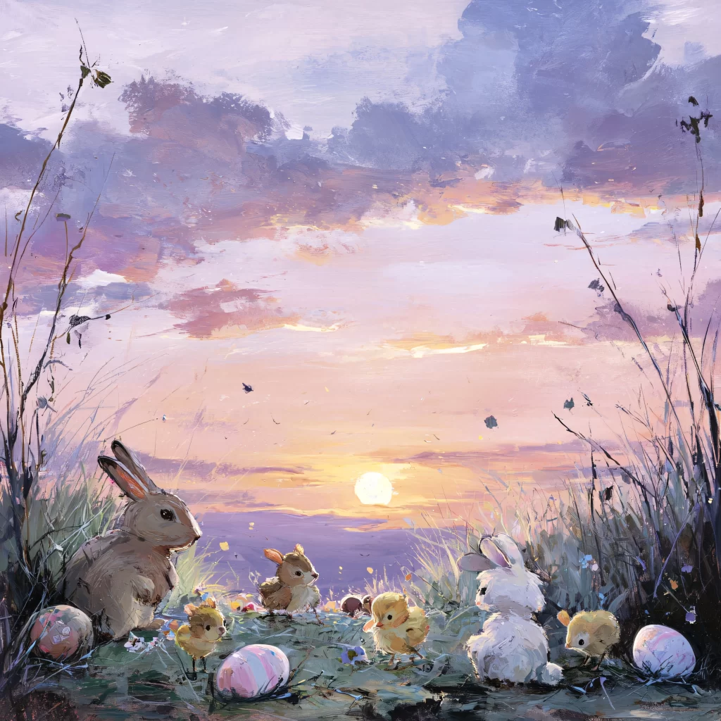 Easter Rabbits Chicks Eggs Sunset 145