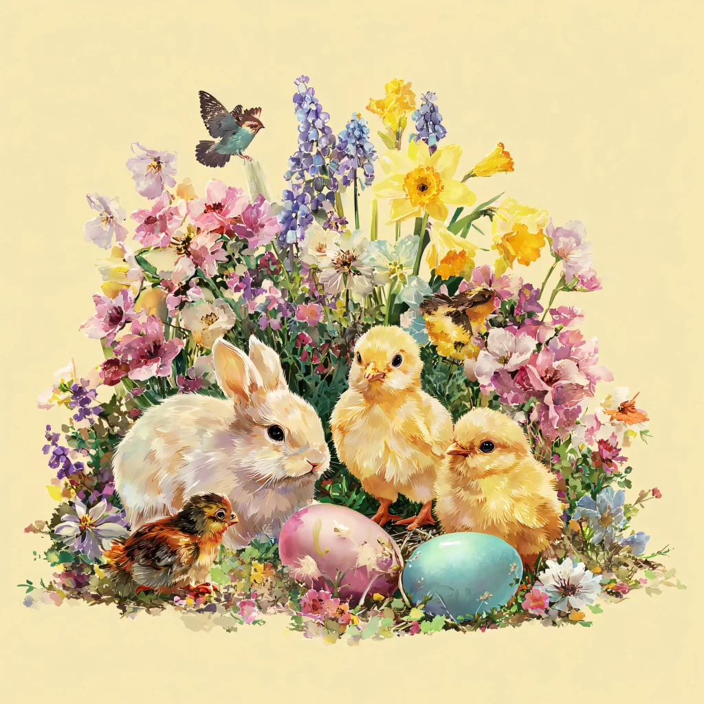 Easter Rabbit Chicks Eggs Flowers Garden