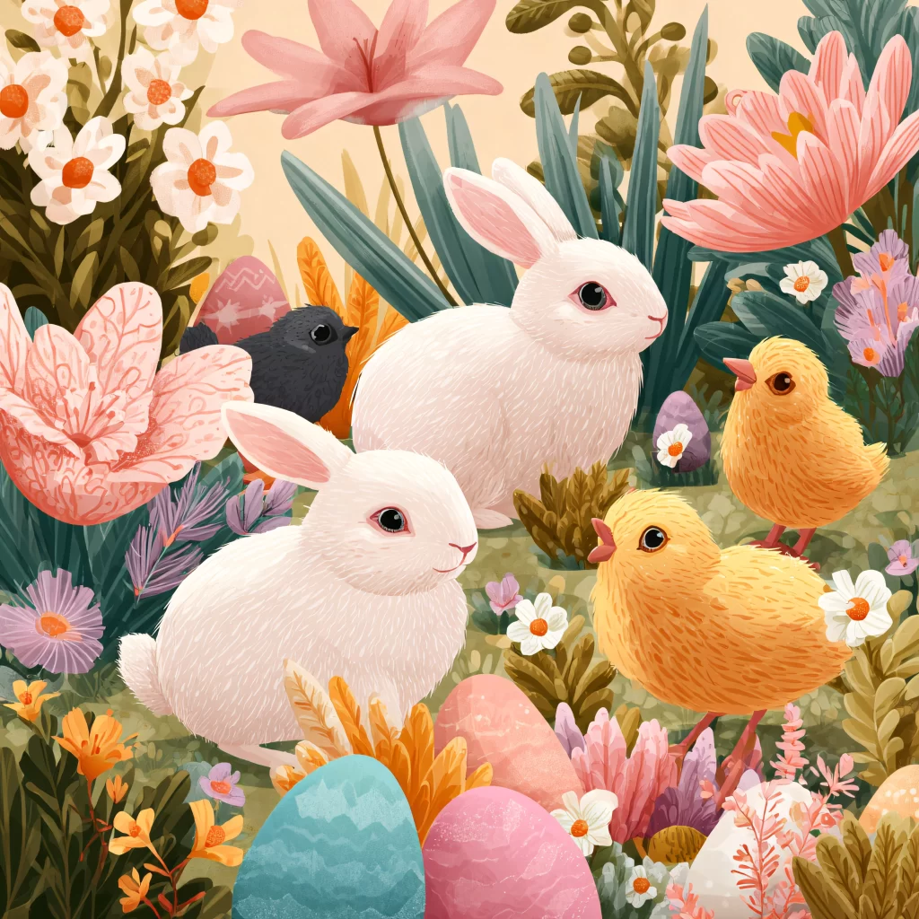 Easter Rabbit Chick Eggs Flowers Garden