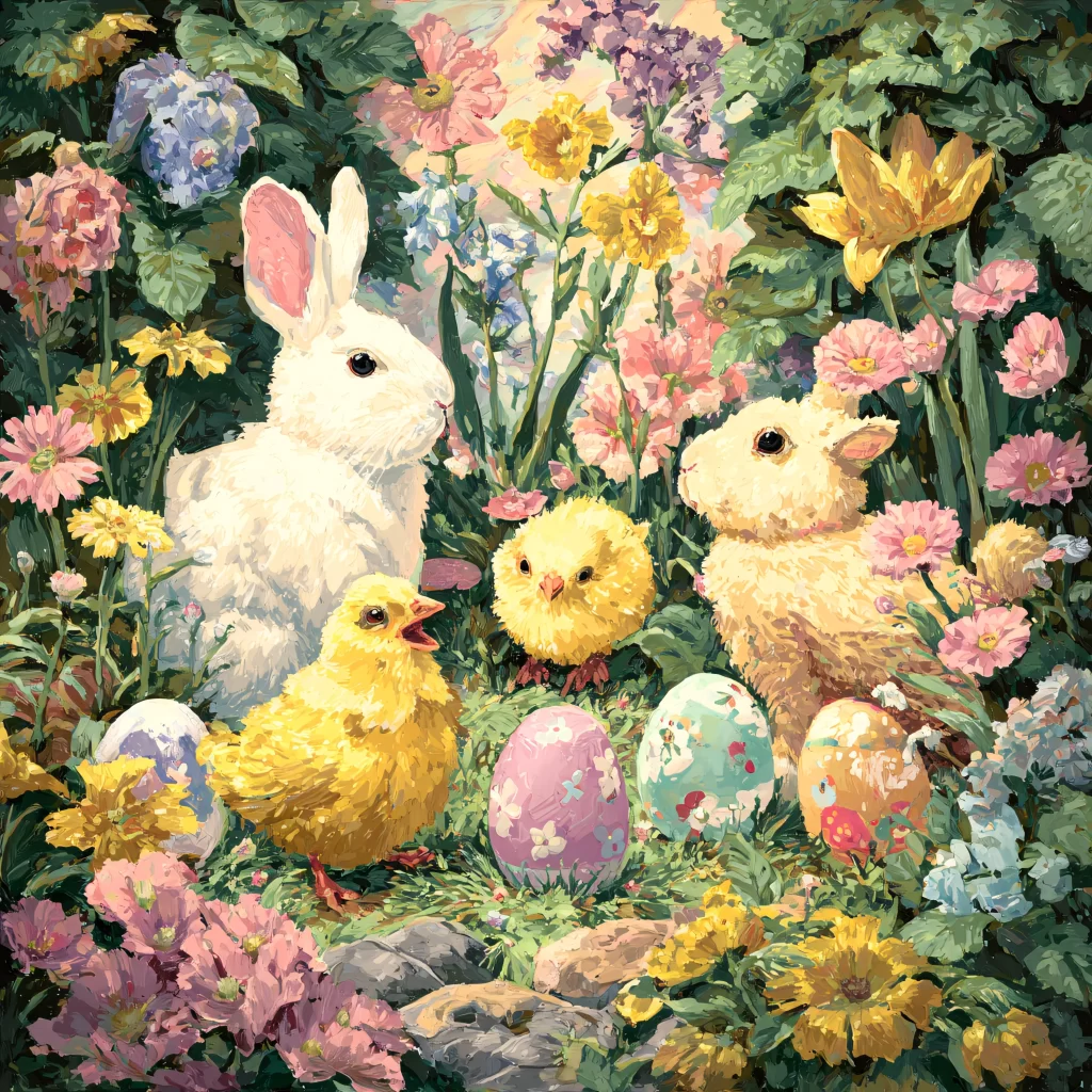 Easter Rabbit Chick Eggs Flowers Garden