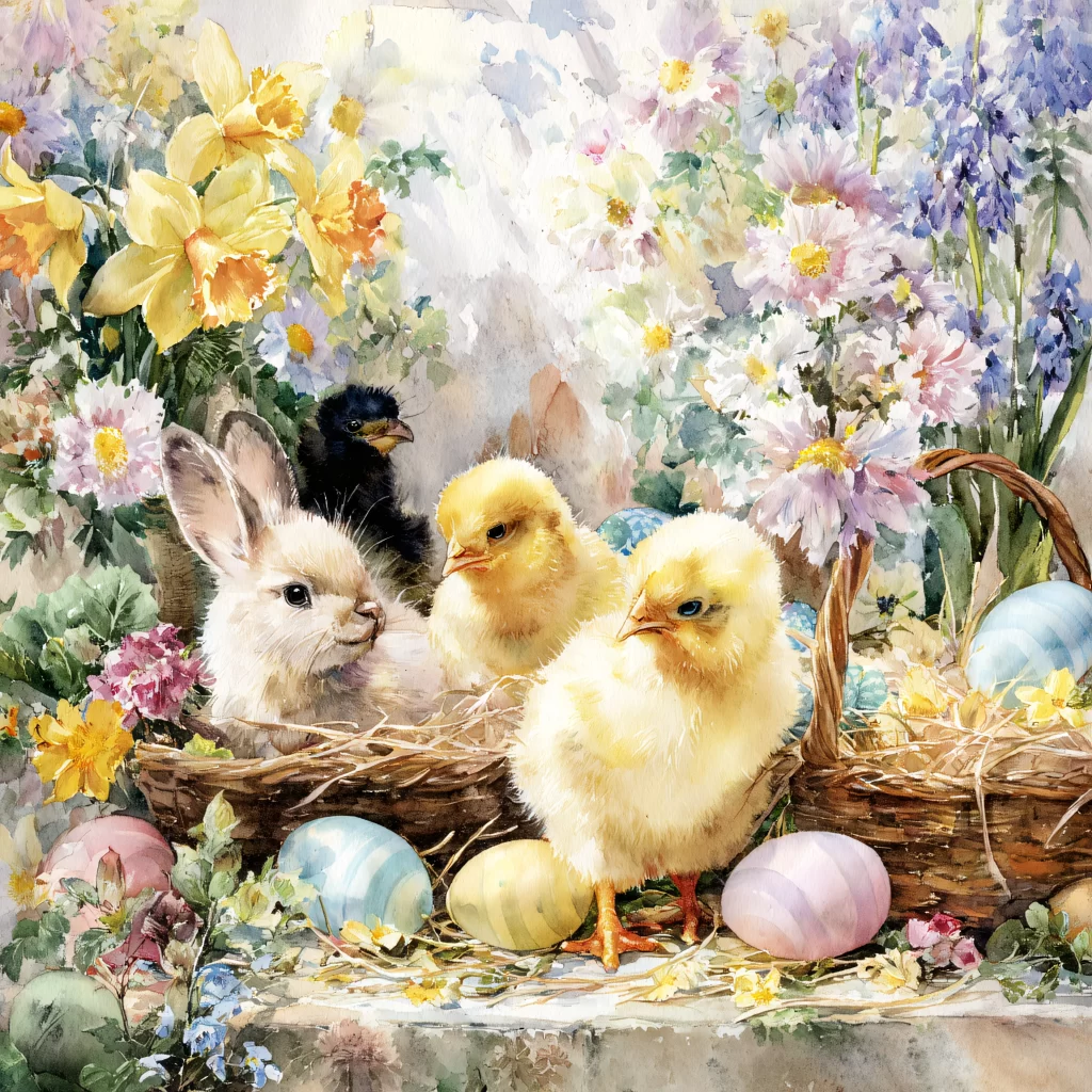 Easter Rabbit Chicks Eggs Flowers Garden