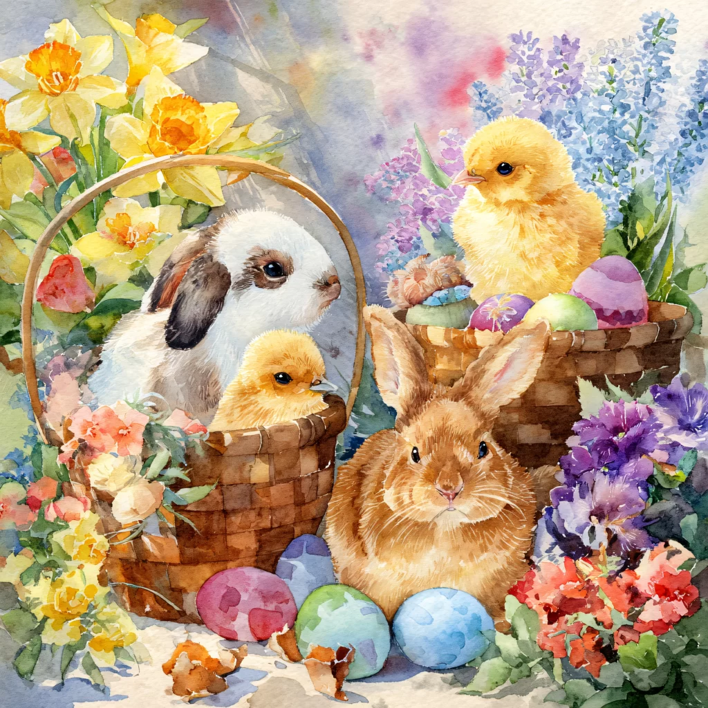 Easter Rabbit Chick Eggs Flowers Garden