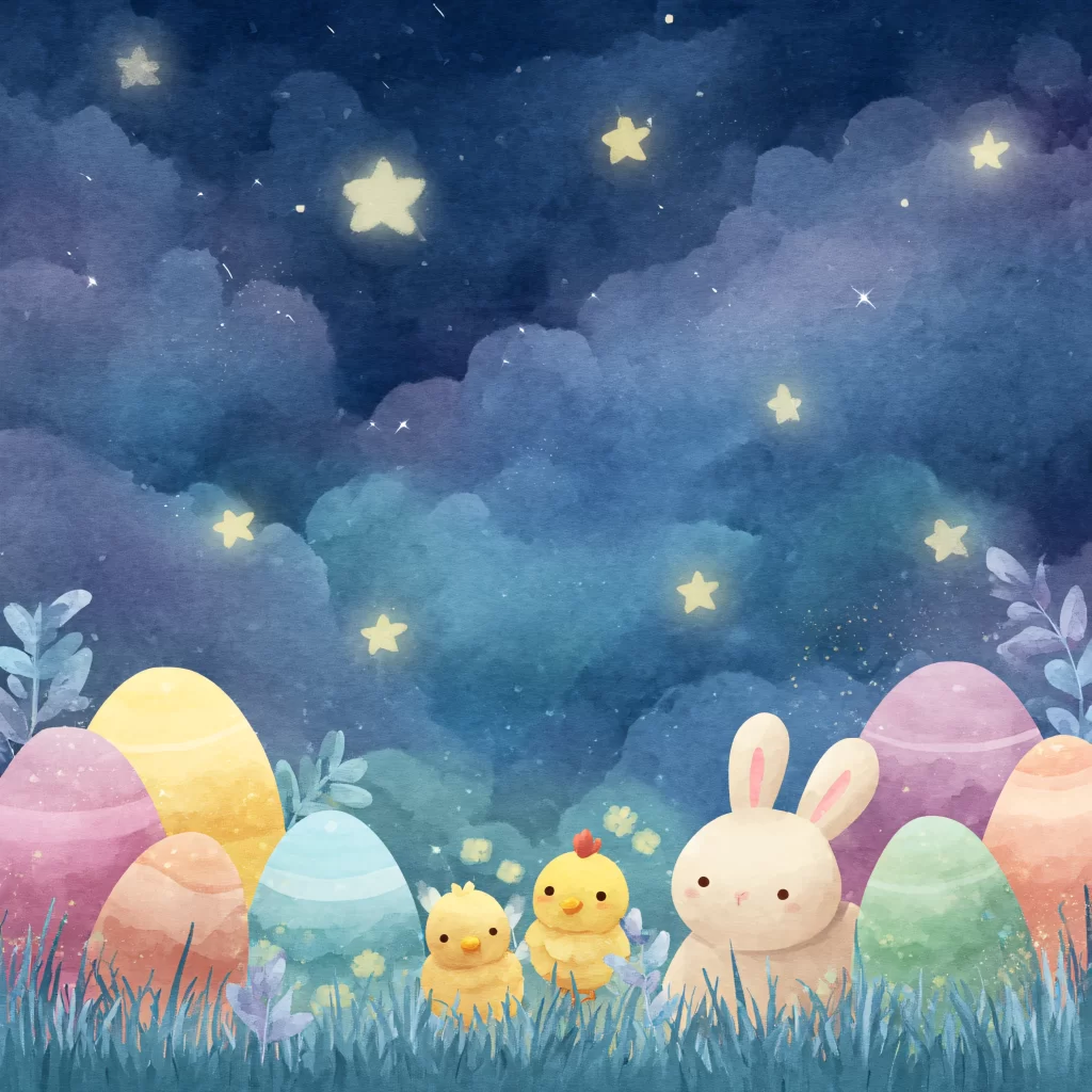 Easter Rabbit Chicks Eggs Blue Night