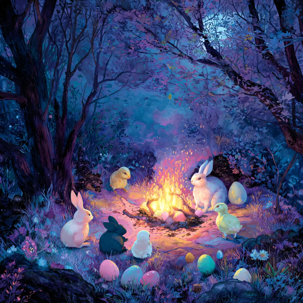 Easter Rabbit Campfire Eggs Purple Forest
