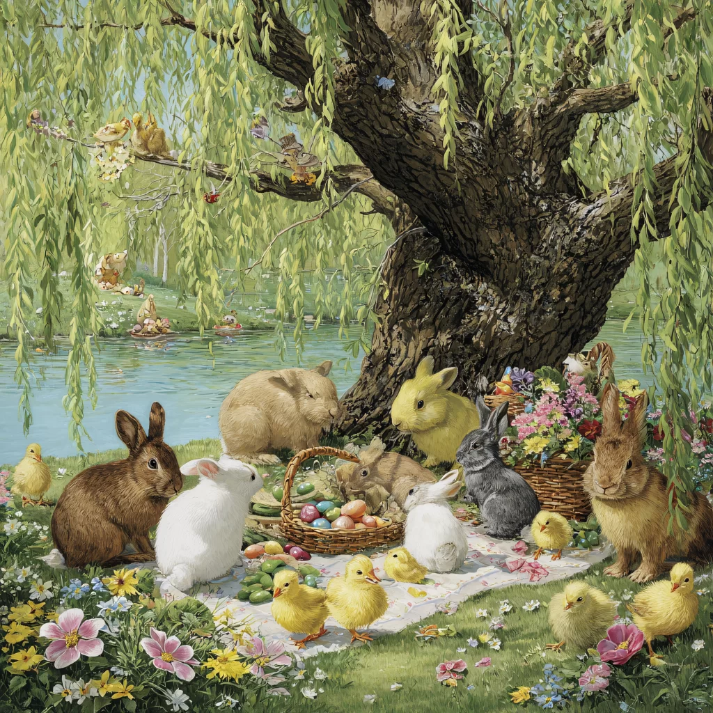 Easter Rabbit Chicks Eggs Basket Garden