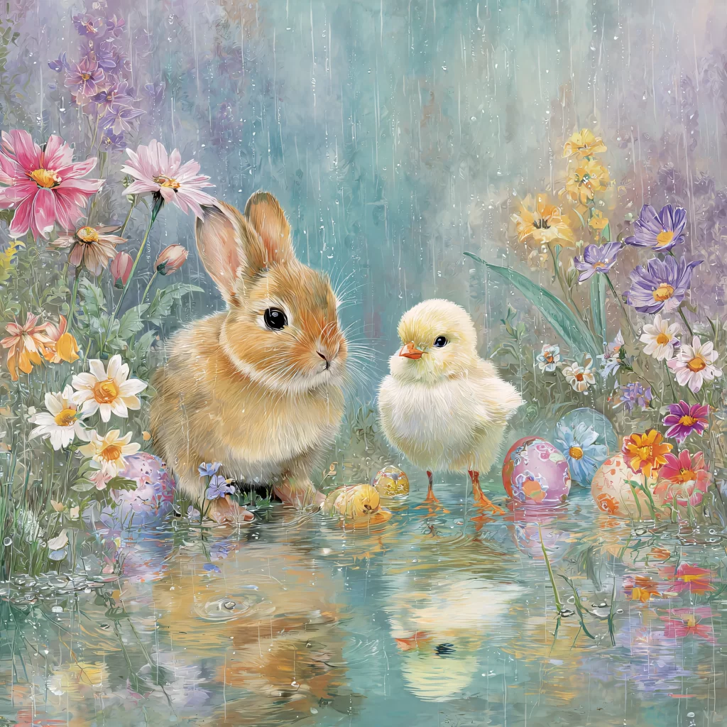 Easter Rabbit Chick Flowers Eggs Garden