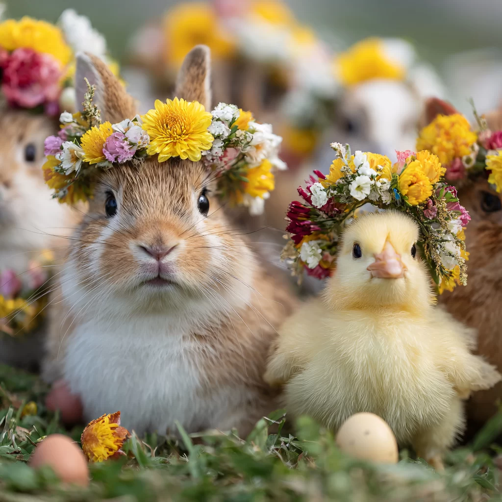 Easter Rabbits Chicks Flowers Yellow