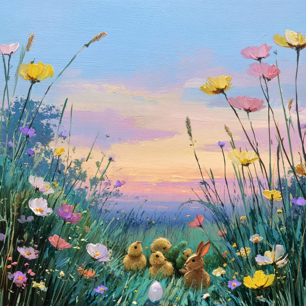 Easter Rabbit Chicks Pink Flowers Sunset