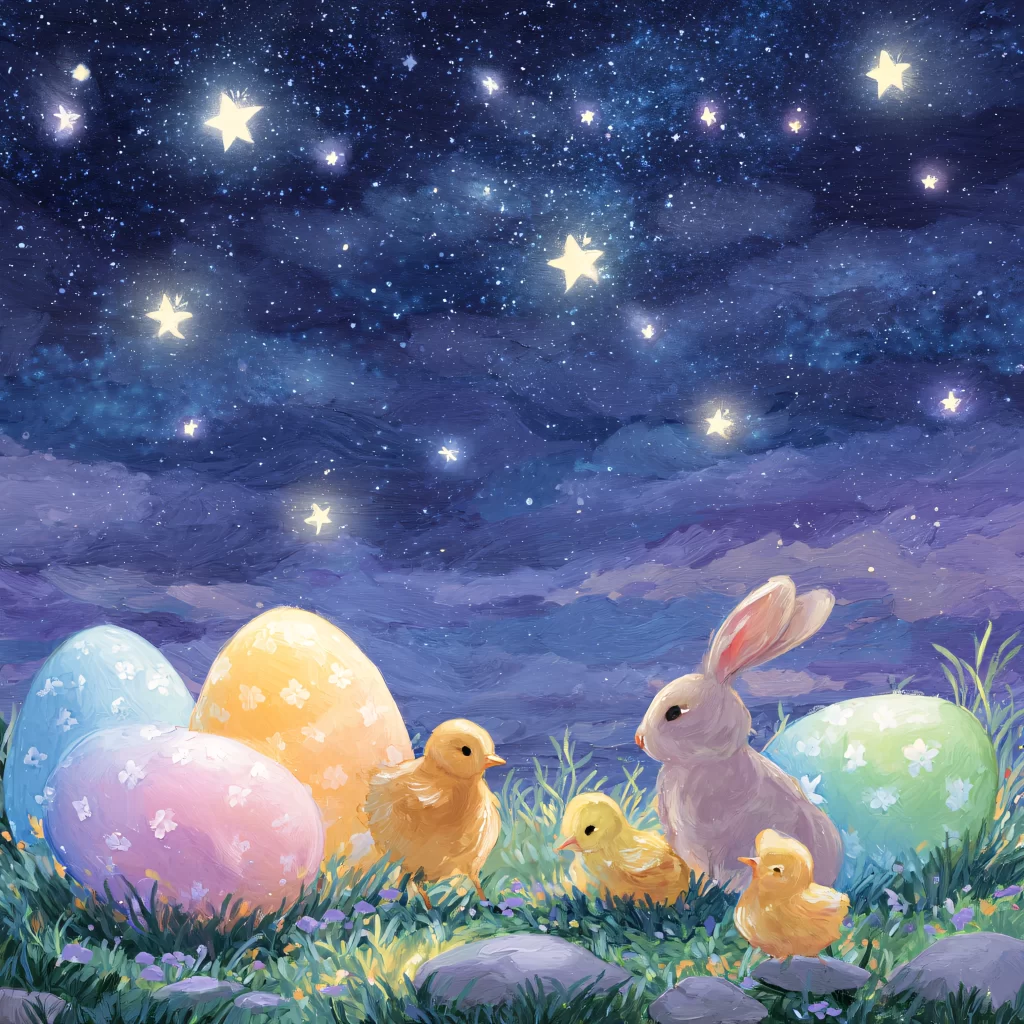Easter Rabbit Chicks Eggs Night Stars