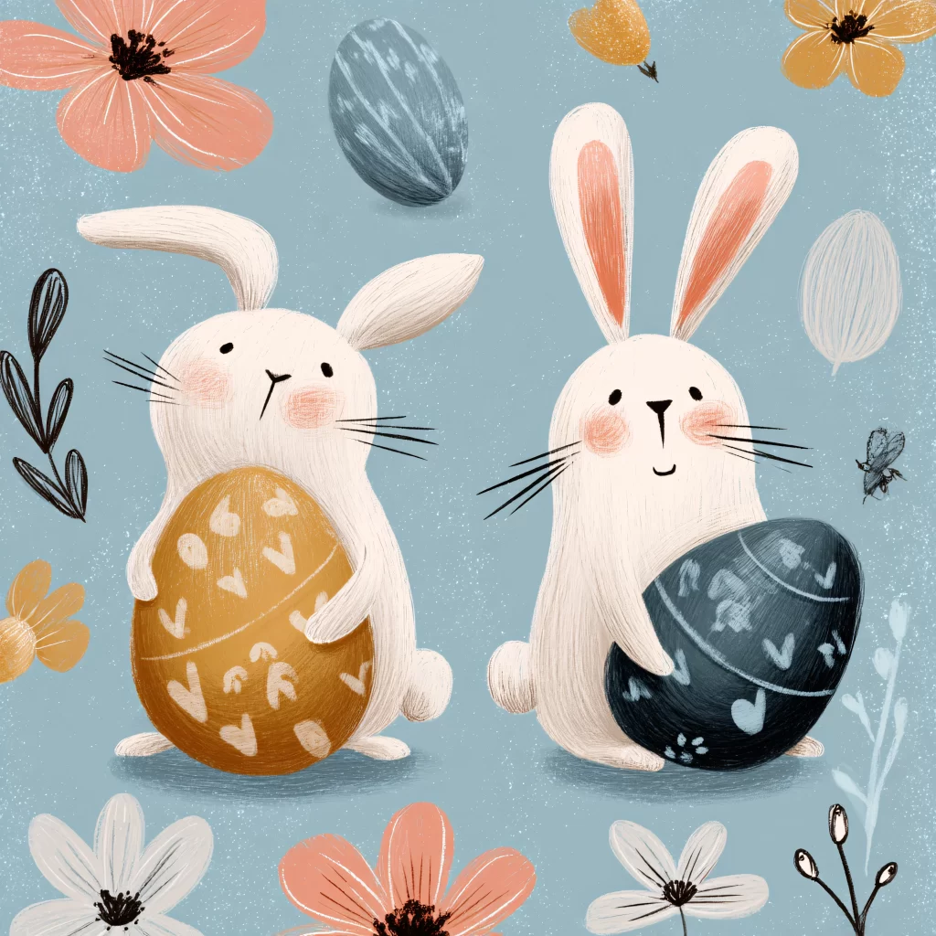 Easter Rabbit Eggs Pink Blue Flowers