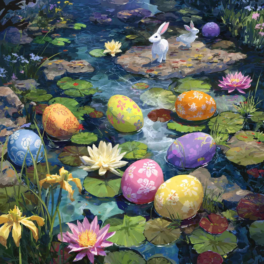 Easter Rabbits Eggs Flowers Pond