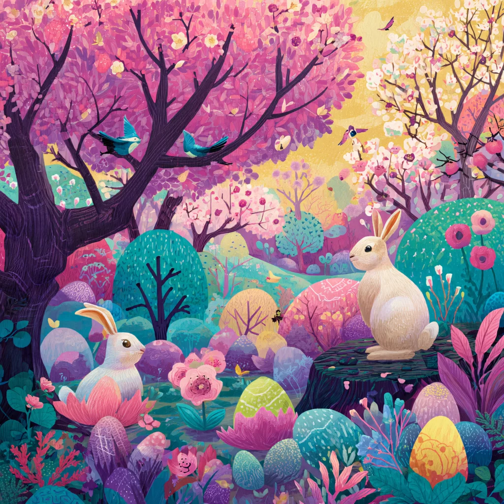 Easter Rabbits Eggs Flowers Pink 22