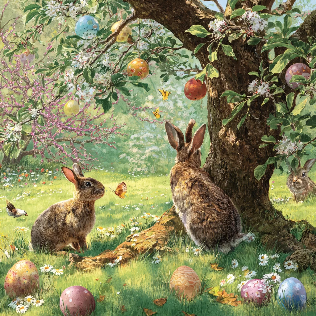 Easter Rabbits Eggs Flowers Spring 24