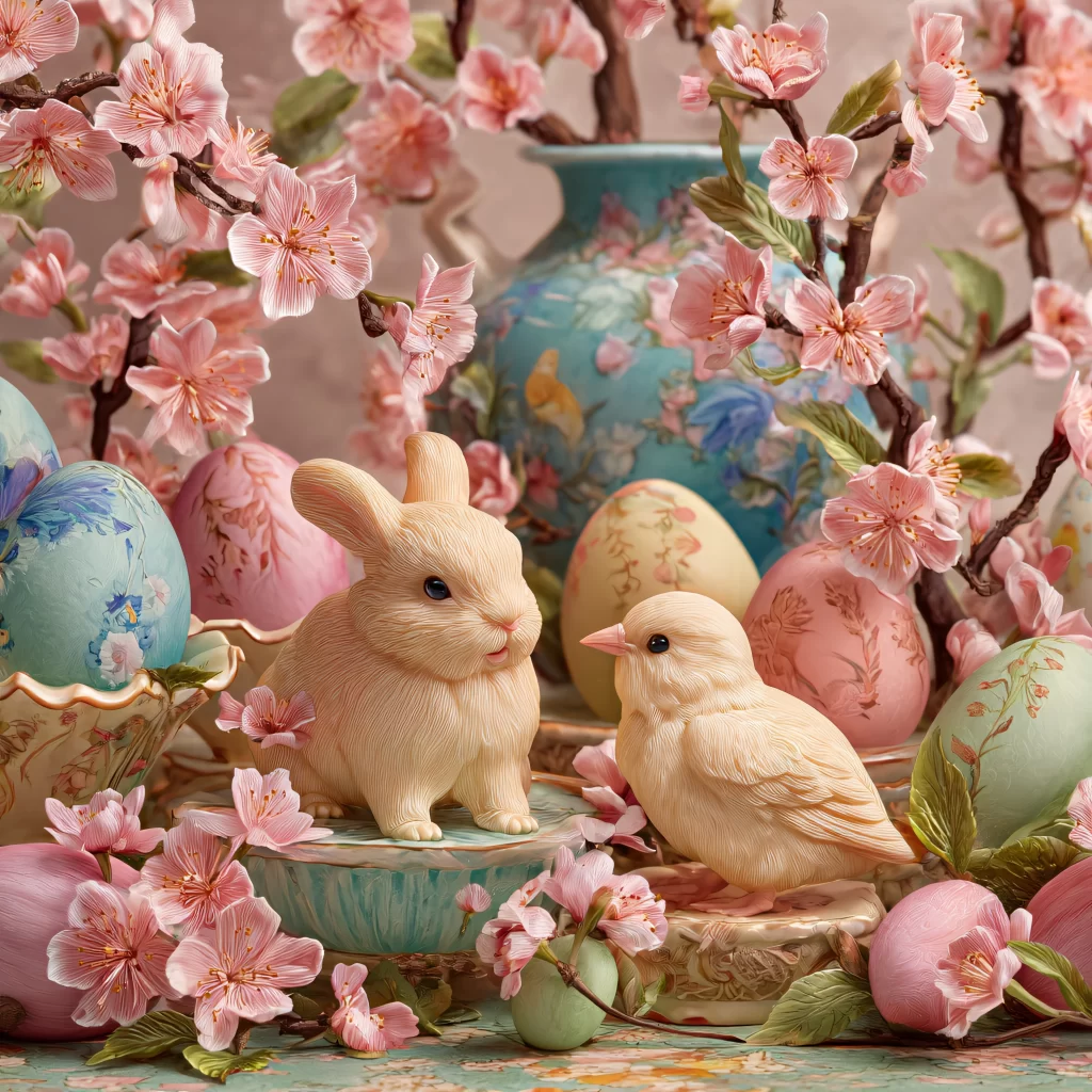 Easter Rabbits Eggs Flowers Pink 28