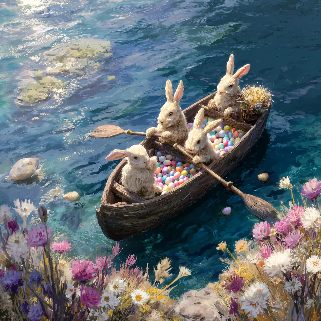 Easter Rabbits Eggs Flowers Blue 34