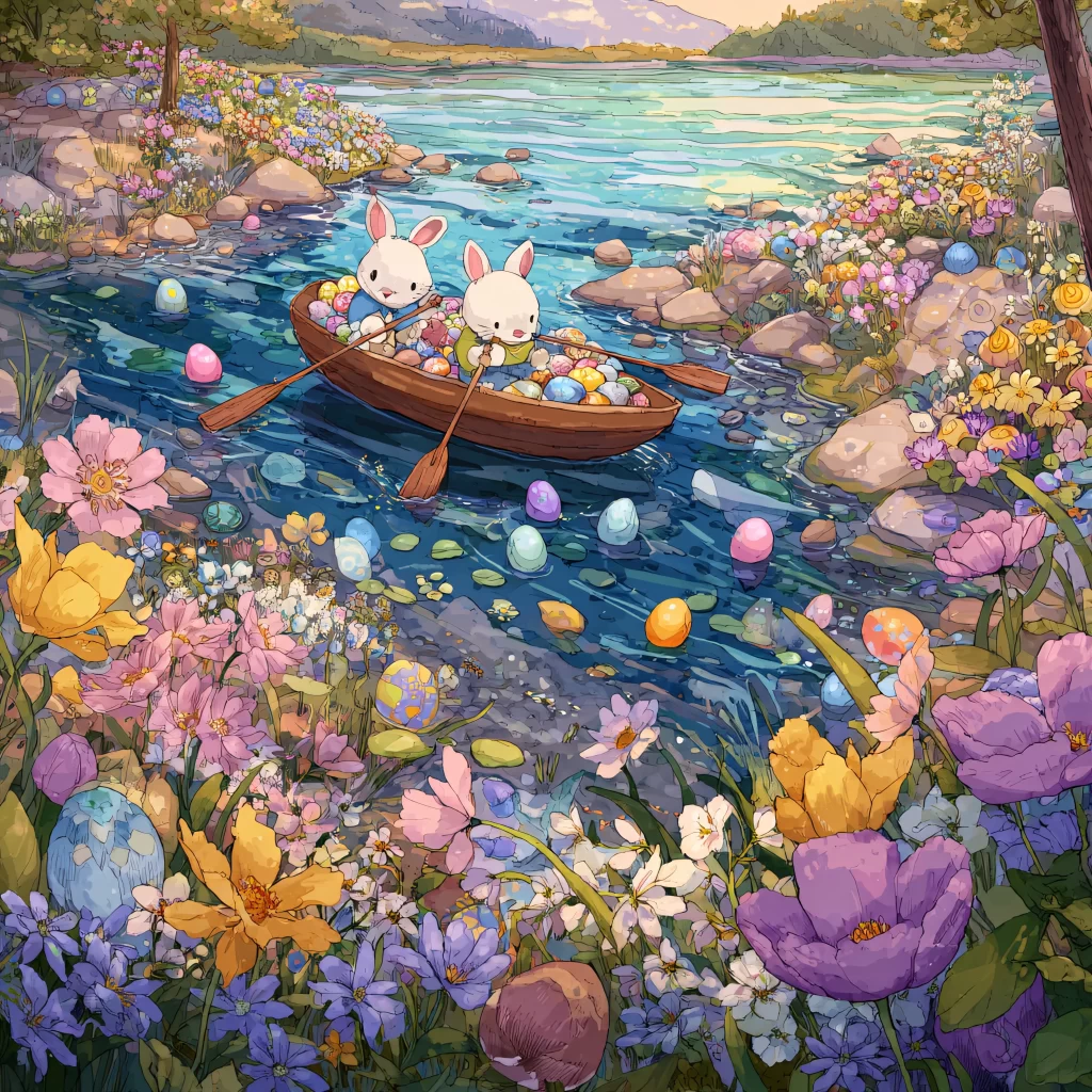Easter Rabbits Eggs Flowers Pastel 35