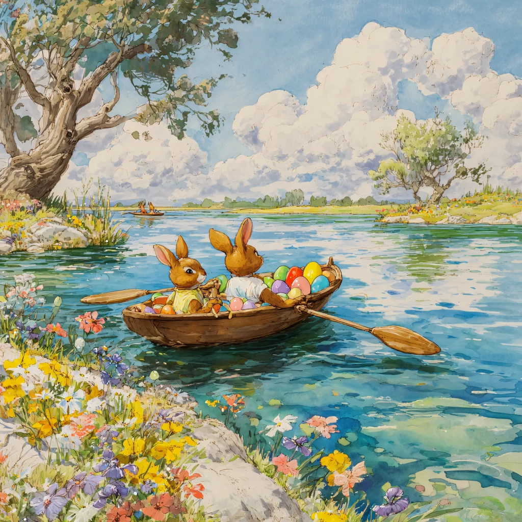 Easter Rabbits Eggs Flowers Blue 36