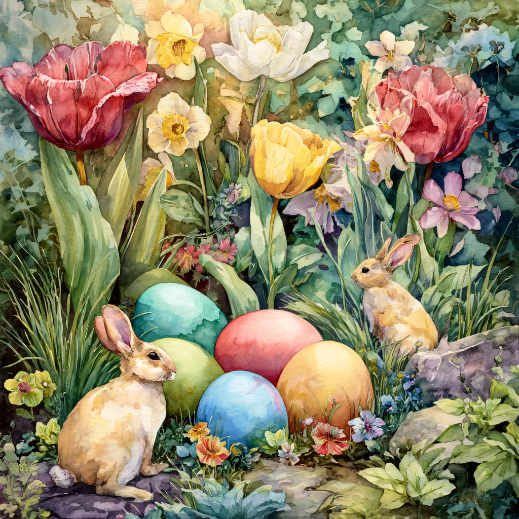 Easter Rabbits Eggs Flowers Tulips 58