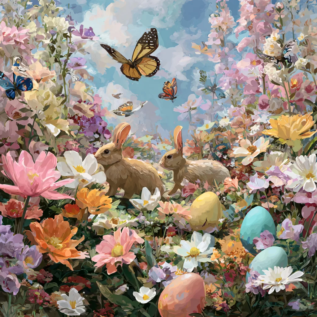Easter Rabbits Eggs Flowers Pastel 73